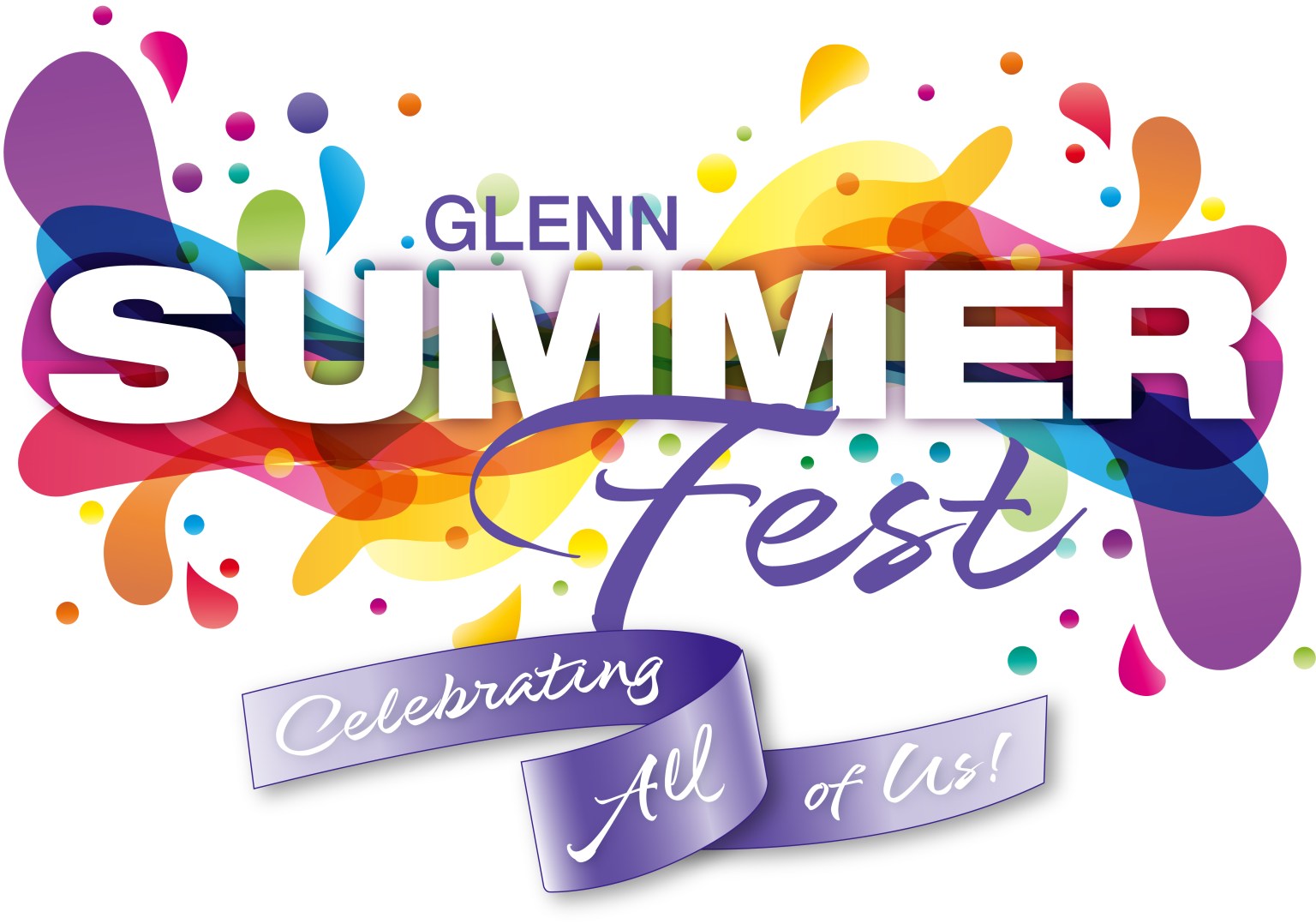 Logo with splashes of color and the words, “Glenn Summerfest, Celebrating All of Us” on a purple banner.