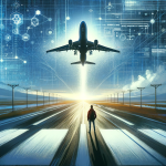 Artist rendering of person standing at the end of a runway looking up at a commercial airliner taking off above him. The sky is actually a computer screen depicting code and data fields.
