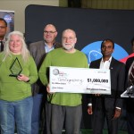 The husband-and-wife duo of Terra Engineering, Valerie and Todd Mendenhall, receive the $1 million prize June 12, for winning the final phase of NASA’s Break the Ice Lunar Challenge at Alabama A&M’s Agribition Center in Huntsville. With the Terra Engineering team at the awards ceremony are from left, Daniel K. Wims, Alabama A&M University president; Joseph Pelfrey, NASA Marshall Space Flight center director; NASA’s Break the Ice Challenge Manager Naveen Vetcha, and Majed El-Dweik, Alabama A&M University’s vice president of Research & Economic Development.