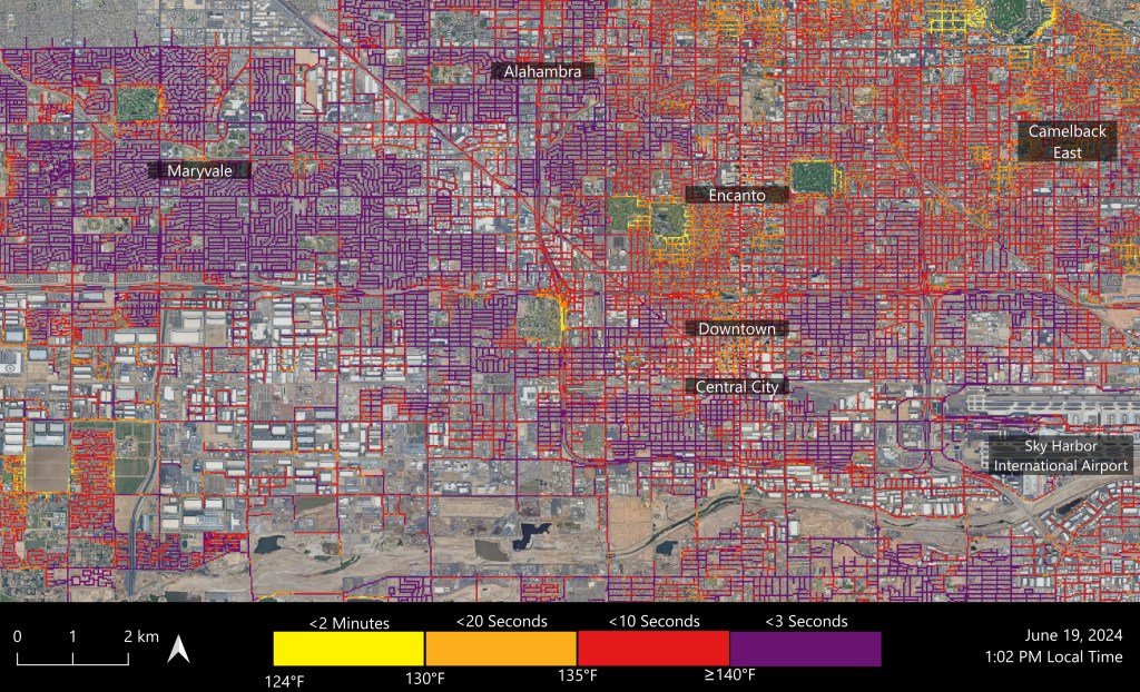 A temperature map of Phoenix, Arizona on June 19, 2024, showing various areas with temperature ranges from 124°F to above 140°F. The map includes neighborhoods and landmarks like Sky Harbor Airport.