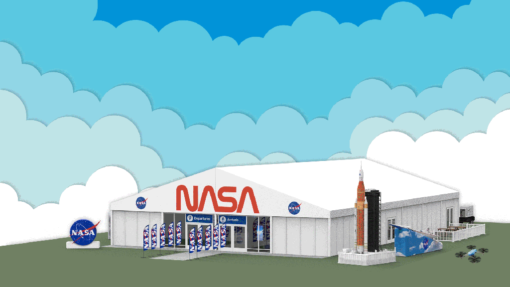 An animated illustration shows NASA's pavilion at Oshkosh, a large white tent with NASA logos on it, as six different aircraft appear to fly toward the center of the image over the tent.