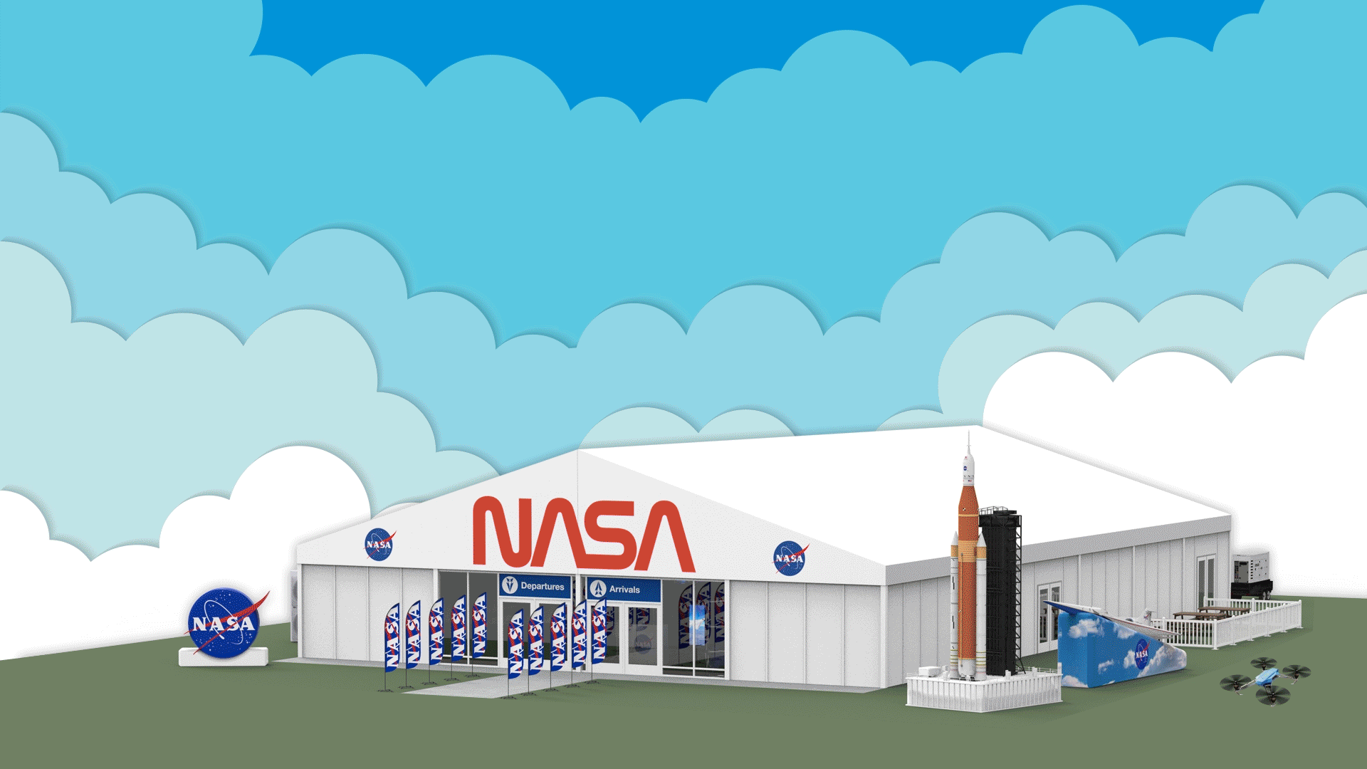 An animated illustration shows NASA's pavilion at Oshkosh, a large white tent with NASA logos on it, as six different aircraft appear to fly toward the center of the image over the tent.