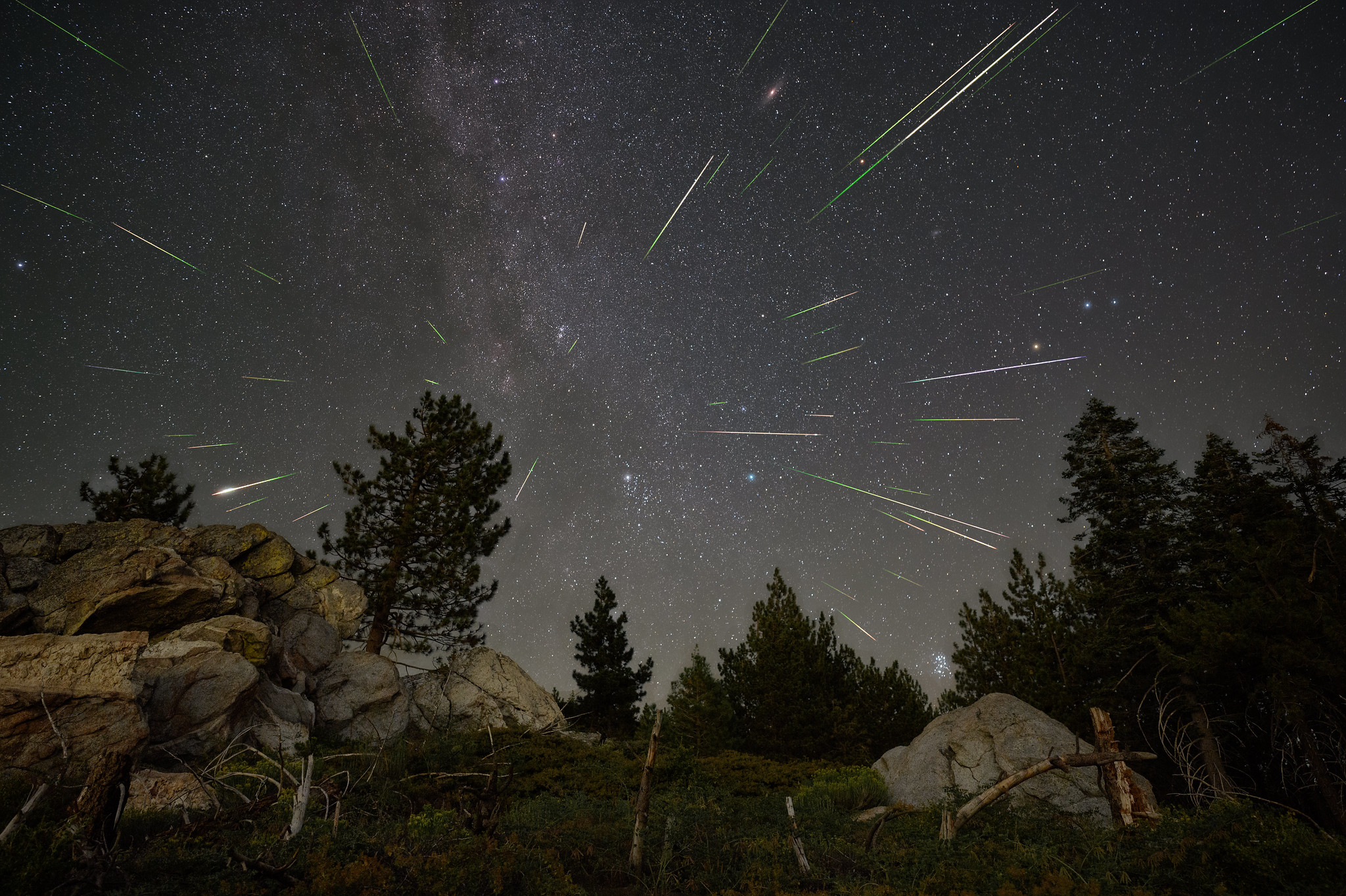 Meteors from the Perseids meteor shower streak across the night sky above Sequoia National Forest.