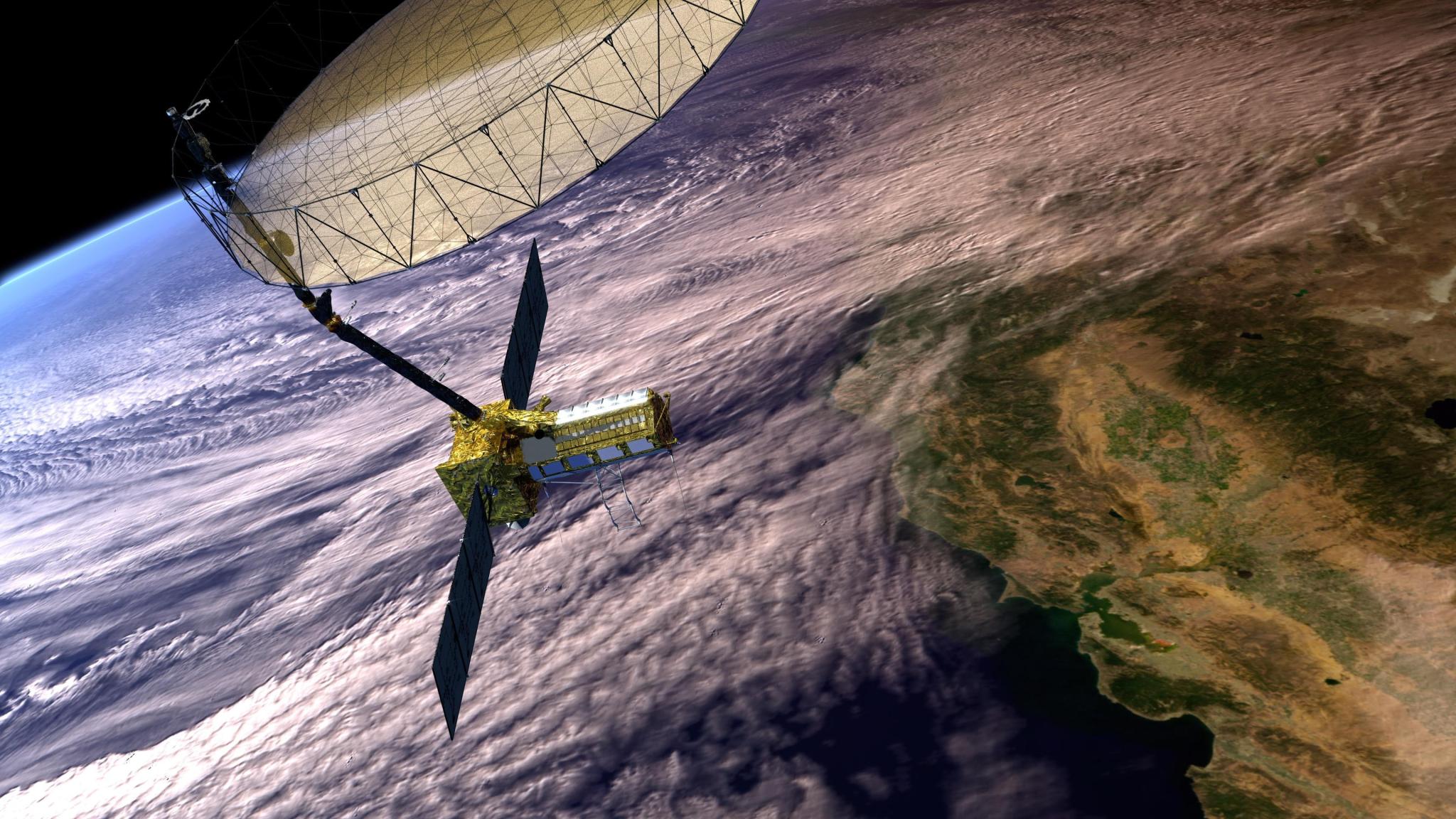 This artistâs concept depicts the NISAR satellite in orbit over central and Northern California.