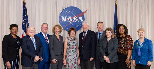 ASAP 2018 Fourth Quarterly Meeting held at Johnson Space Center From left to right: Ms. Carol Hamilton (NASA ASAP Executive Director), Dr. Don McErlean, Mr. David West, Dr. Sandra Magnus, Dr. Patricia Sanders (ASAP Chair), Dr. George Neild, Captain Christopher Saindon, Lieutenant General Susan Helms, Ms. Evette Whatley (NASA ASAP Administrative Officer), and Ms. Paula Frankel (ASAP Technical Writer).