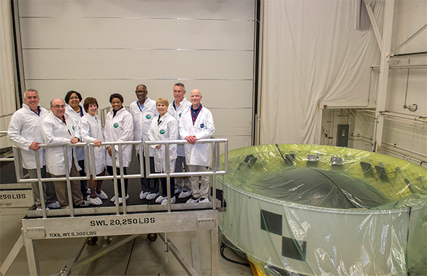 ASAP 2018 First Quarterly meeting at Marshall Space Flight Center (MSFC). The Panel toured the Orion Stage Adapter (OSA), Building 4708. From left to right: Mr. David West, Dr. Donald McErlean, Ms. Evette Whatley (NASA ASAP Administrative Officer), Dr. Patricia Sanders (ASAP Chair), Ms. Carol Hamilton (NASA ASAP Executive Officer), General Lester Lyles (NAC Chair), Ms. Paula Frankel (ASAP Technical Writer), Capt. Christopher Saindon, and Andy Schorr (MSFC OSA Presenter).