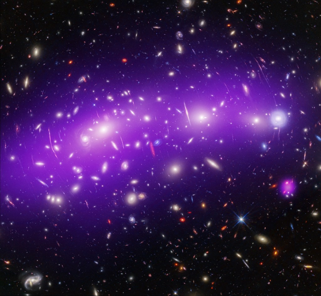 Here is the distant galaxy cluster known as MACS J0416. The blackness of space is packed with glowing dots and tiny shapes, in whites, purples, oranges, golds, and reds, each a distinct galaxy. Upon close inspection (and with a great deal of zooming in!) the spiraling arms of some of the seemingly tiny galaxies are revealed in this highly detailed image. Gently arched across the middle of the frame is a soft band of purple; a reservoir of superheated gas detected by Chandra.