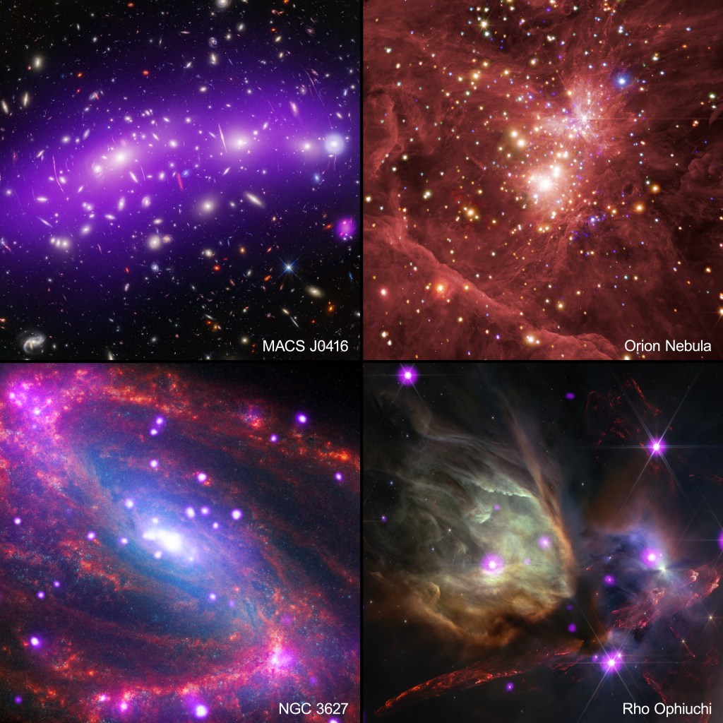 Cosmic Road Trip: four distinct composite images from NASA's Chandra X-ray Observatory and the James Webb Space Telescope, presented in a two-by-two grid, Rho Ophiuchi at lower right, the heart of the Orion Nebula at upper right, the galaxy NGC 3627 at lower left and the galaxy cluster MACS J0416.