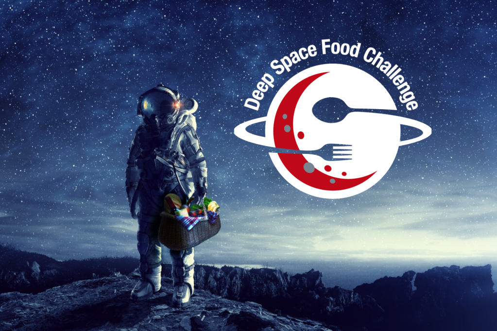 Astronaut on lunar surface with Deep Space Food Challenge logo.