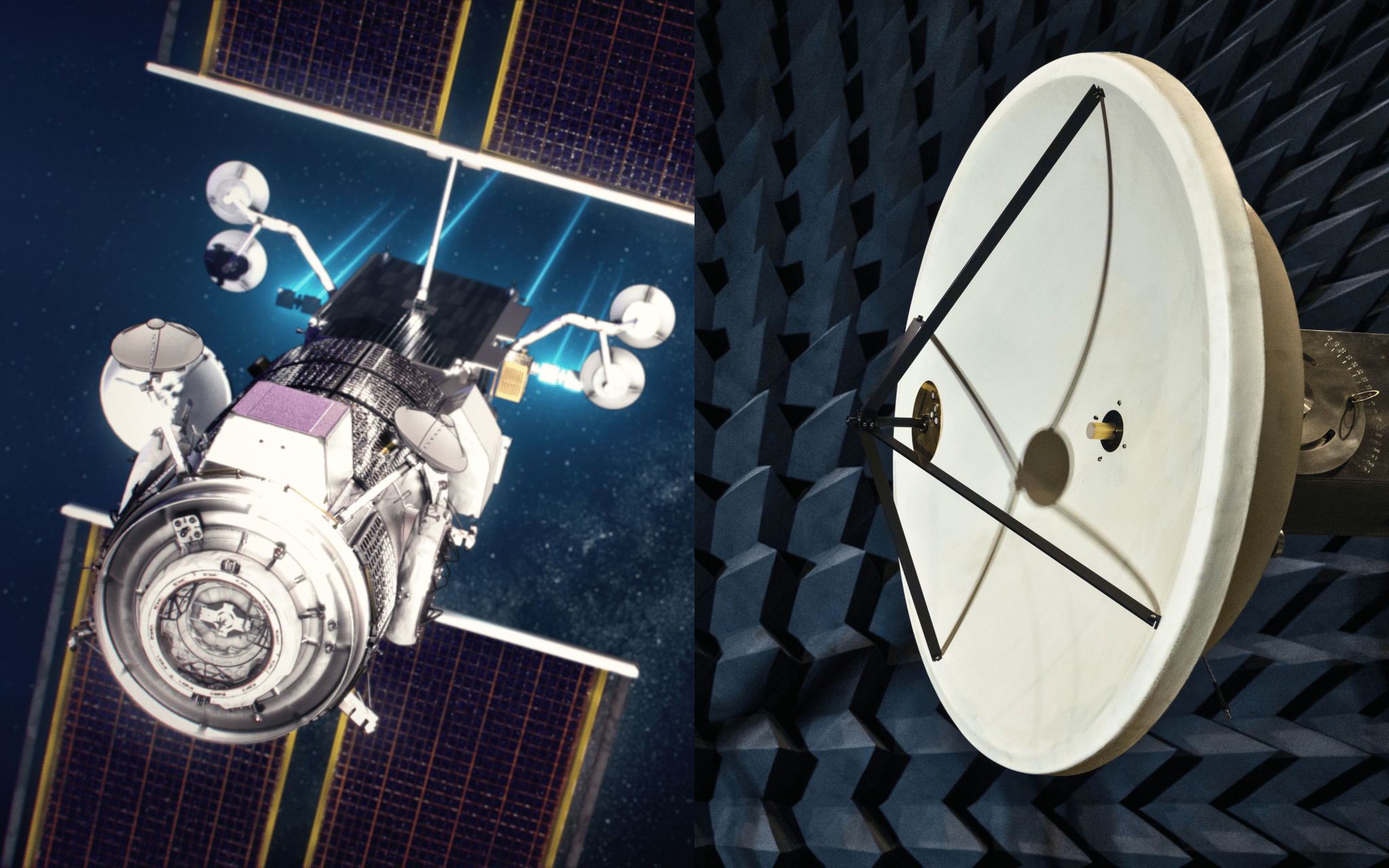 Left: An artist's rendering of Gateway space station's Power and Propulsion Element (PPE) and Habitation and Logistics Outpost (HALO) in lunar orbit. The image showcases the space station's intricate design, including solar panels, antennas, and docking ports against a starry backdrop. Right: A photograph of an antenna being tested in an anechoic chamber at NASA’s Johnson Space Center. The antenna, mounted on a stand, is positioned in a room lined with blue, sound-absorbing foam.