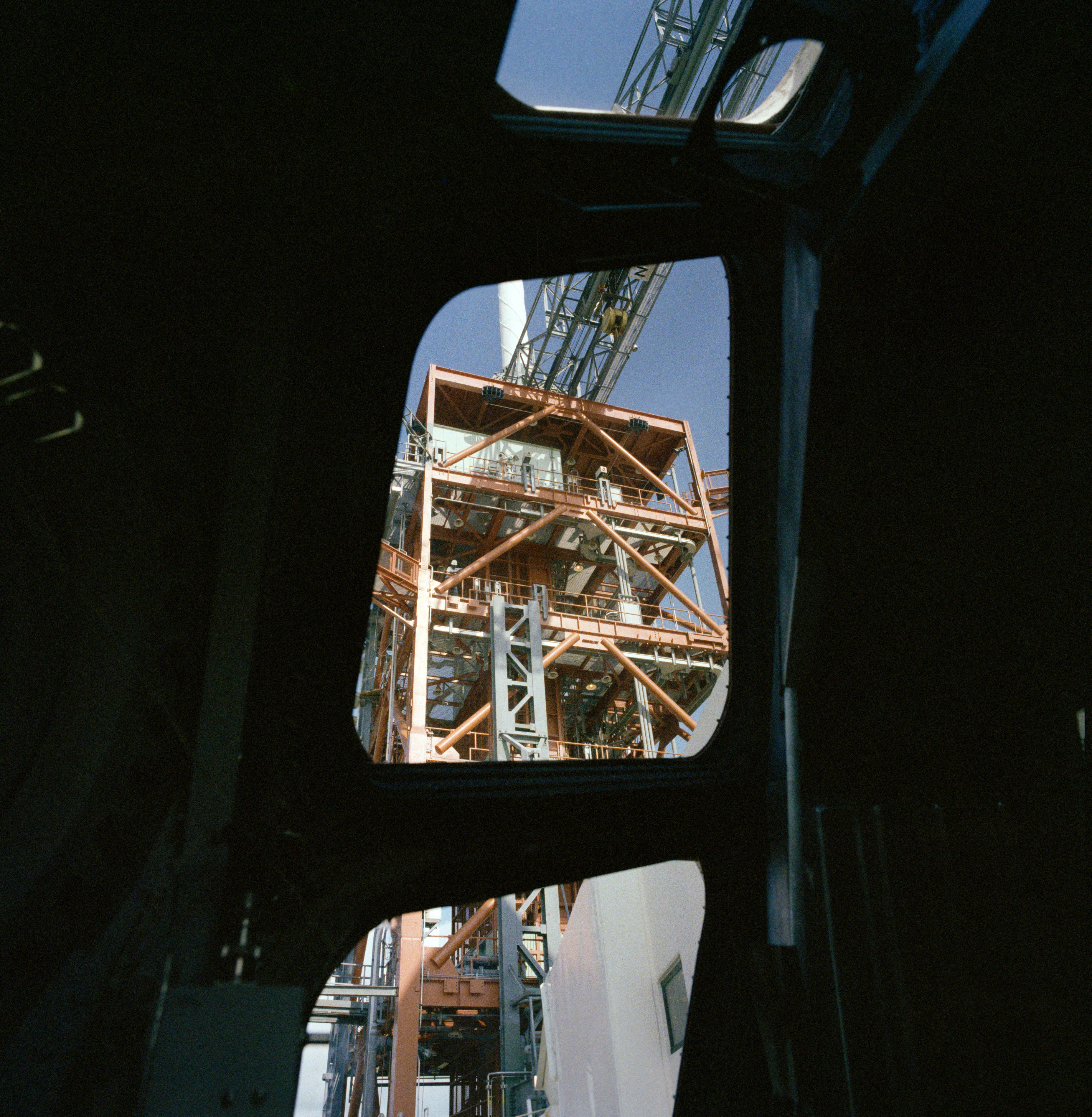 Pilot's eye view of the launch tower looking up through Enterprise's forward windows