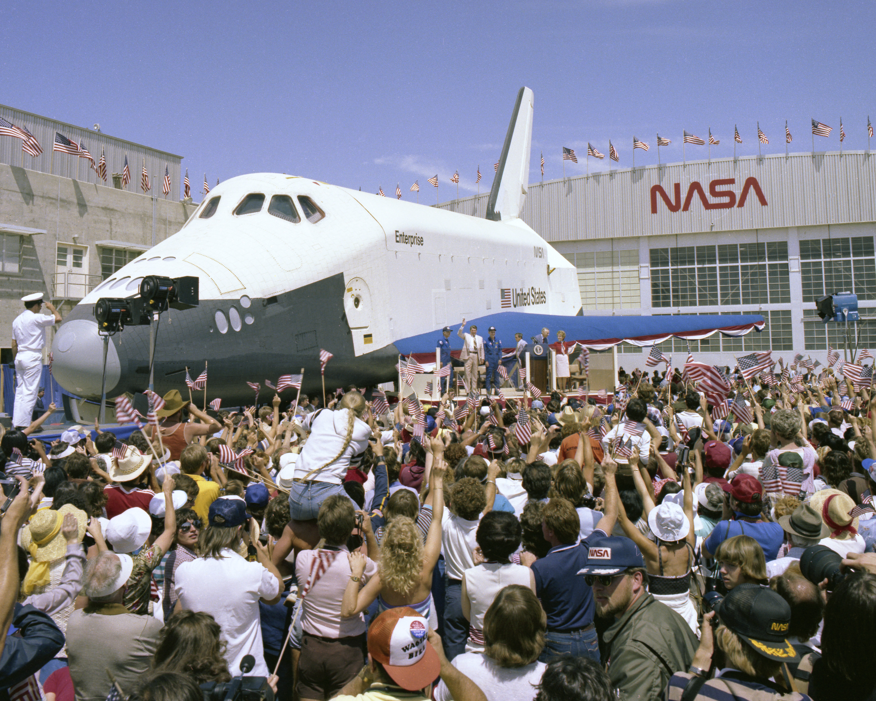 Enterprise as the backdrop for President Ronald W. Reagan welcomes home the STS-4 crew at NASA’s Dryden, now Armstrong, Flight Research Center in July 1982