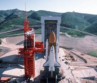 Enterprise during static pad tests at Space Launch Complex-6 at Vandenberg Air Force, now Space Force, Base in 1985