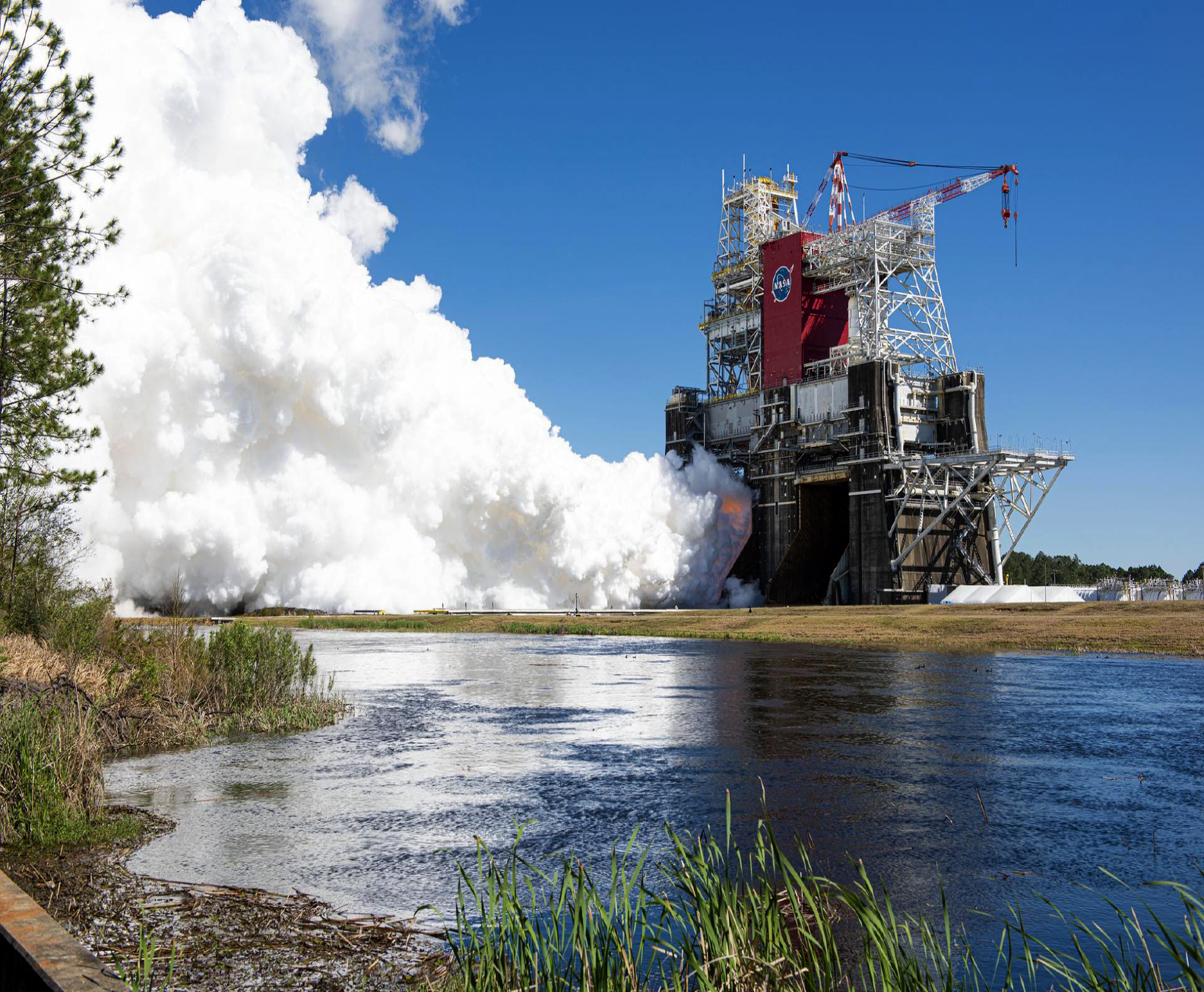 Artemis I core stage green run test in the B-2 test stand at NASA’s Stennis Space Center in Bay St. Louis, Mississippi.