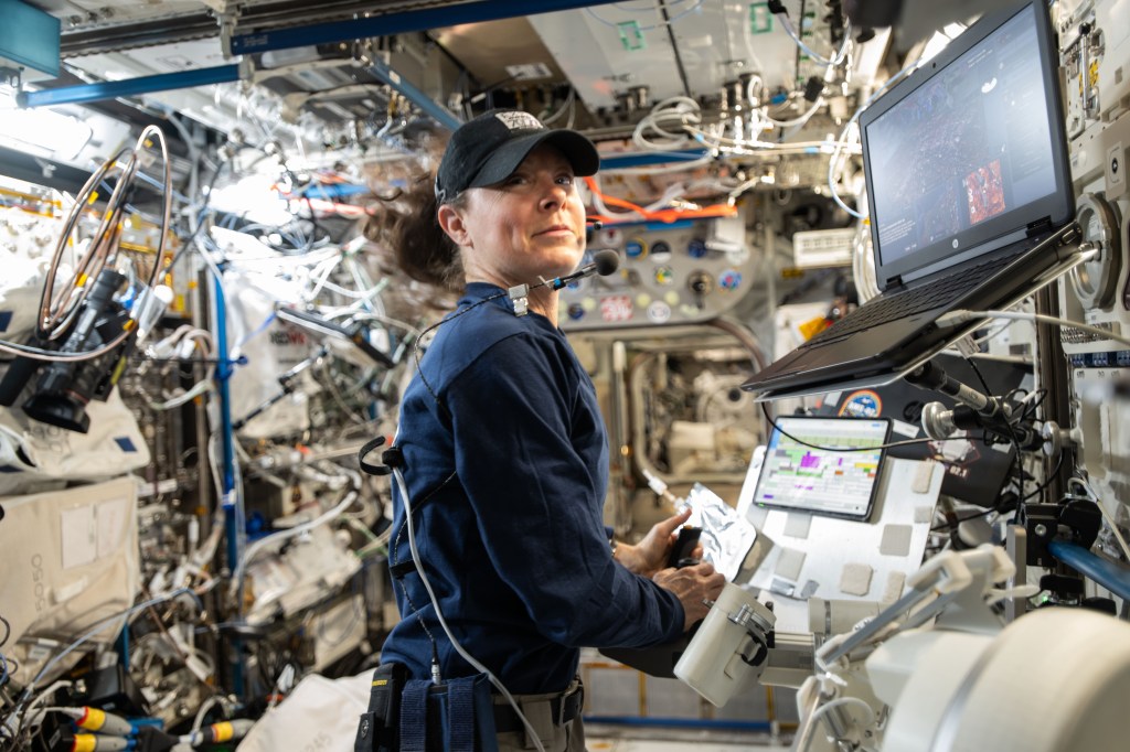 NASA astronaut and Expedition 71 Flight Engineer Tracy C. Dyson is pictured inside the International Space Station's Columbus laboratory module. She was exploring ways to control a robot on the ground from a spacecraft. Dyson coordinated with robotics engineers on Earth remotely manipulating a robot using a computer while testing its ergonomic features and haptic feedback for conditions such as wind and gravity. Results may inform future exploration missions to the Moon, Mars, and beyond.