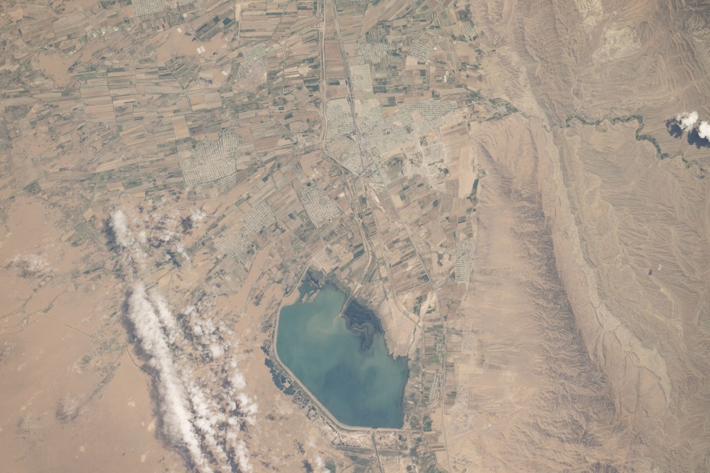 The Gökdepe köli fishing pond in the Ahal Region of Turkmenistan is pictured from the International Space Station as it orbited 265 miles above Central Asia.