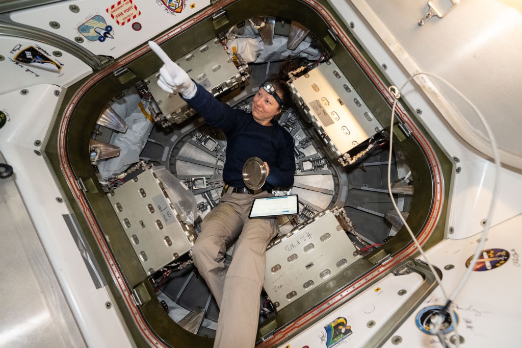 NASA astronaut and Expedition 71 Flight Engineer Tracy C. Dyson is pictured inside the vestibule between the Unity module and Northrop Grumman's Cygnus space freighter. She had just closed Cygnus' hatch in preparation for its depressurization and departure from the International Space Station.