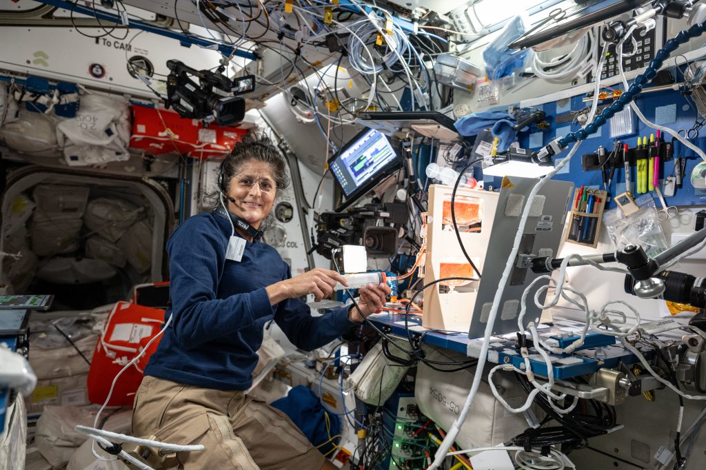 NASA astronaut and Boeing Crew Flight Test Pilot Suni Williams investigates using fluid physics techniques such as surface tension, as well as hydroponics and air circulation, to overcome the lack of gravity when watering and nourishing plants grown in space. The Plant Water Management investigation uses facilities in the International Space Station's Harmony module to promote space agricultural activities on spacecraft and space habitats.