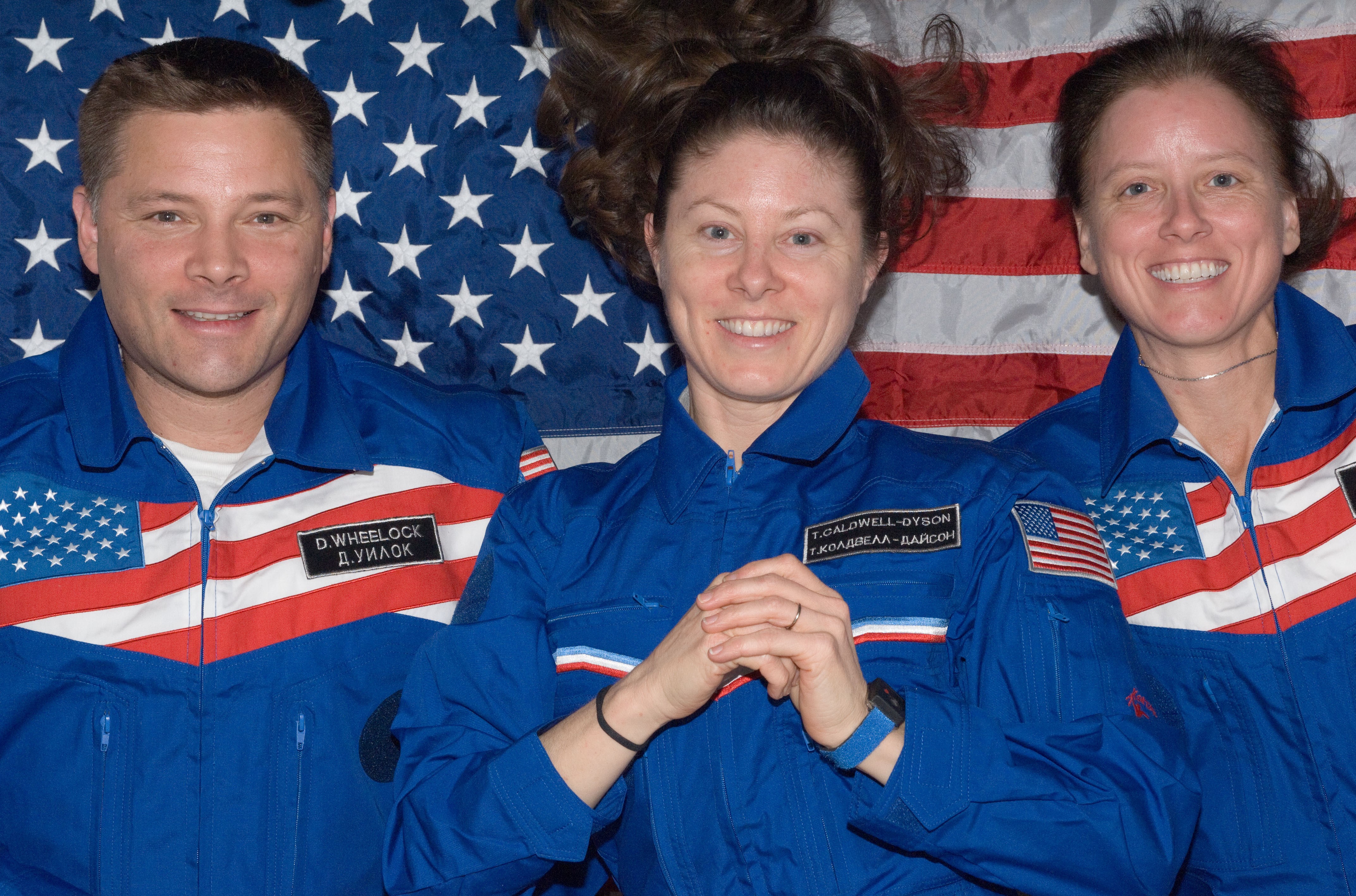 July 4, 2010. NASA astronauts Douglas H. Wheelock, Tracy Caldwell Dyson, and Shannon Walker of Expedition 24