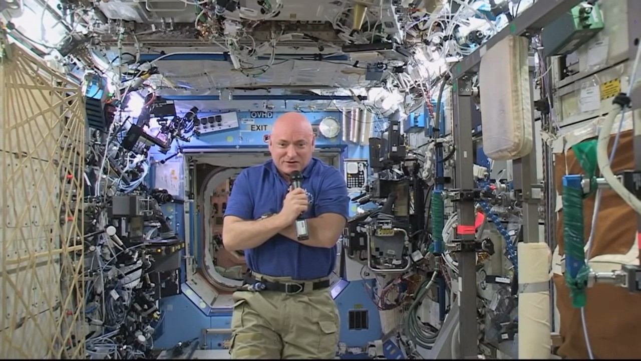 July 4, 2015. NASA astronaut Scott J. Kelly records a Fourth of July message during Expedition 44