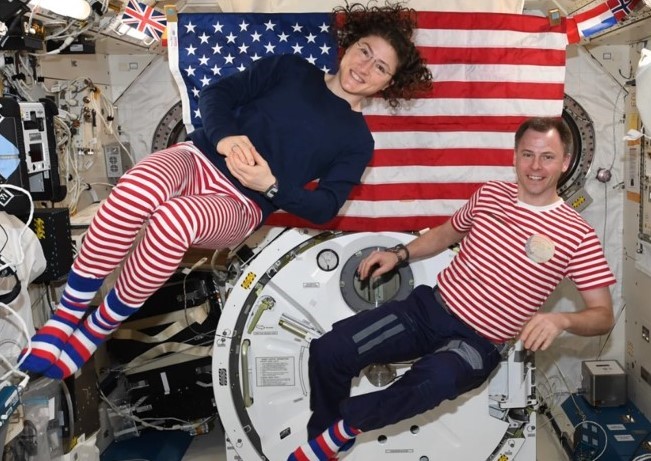 July 4, 2019. Expedition 60 astronauts Christina H. Koch and Tyler N. “Nick” Hague in their finest patriotic outfits
