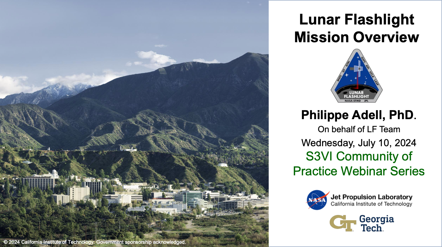 Lunar Flashlight Mission Overview cover slide with photo of JPL and mountains in the background