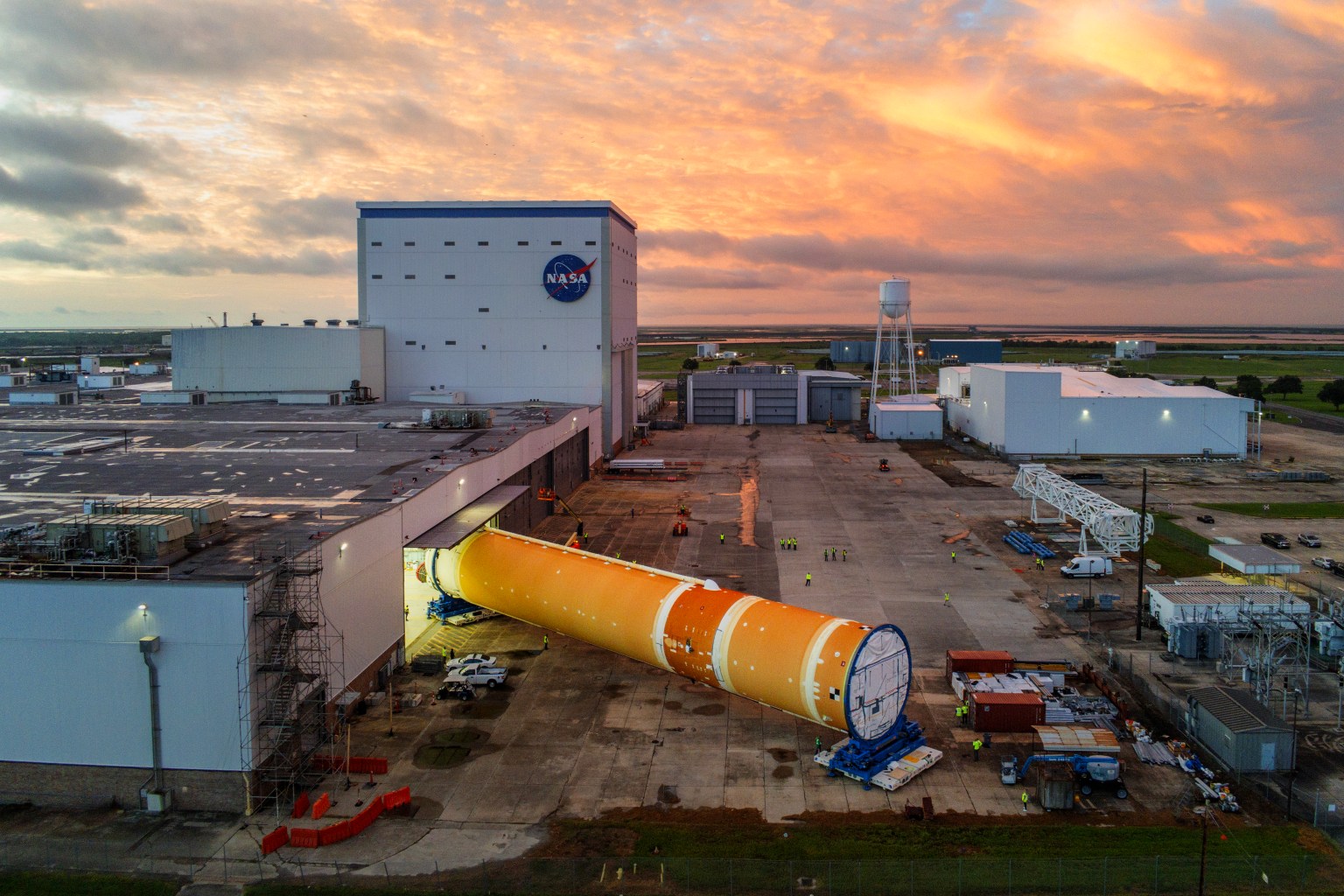 The Artemis II Core Stage moves from final assembly to the VAB at NASA's Michoud Assembly Facility in New Orleans in preparation for delivery to Kennedy Spaceflight Center later this month. Image credit: NASA/Michael DeMocker