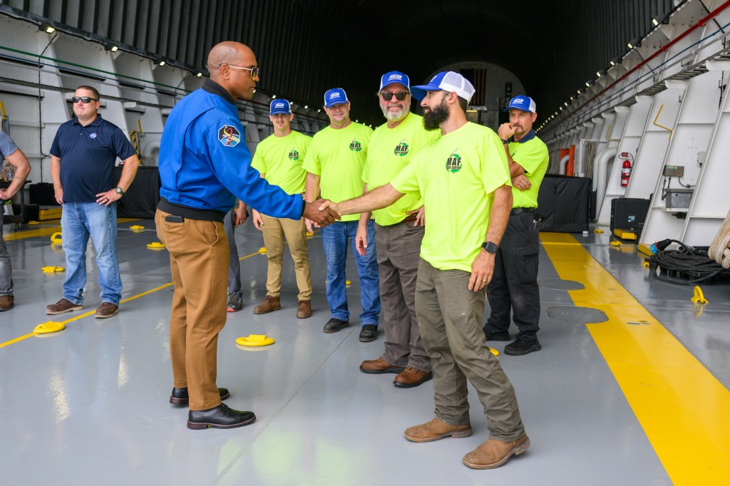 Members of NASA's Pegasus Barge crew meet with Artemis II crew members at NASA's Michoud Assembly Facility in New Orleans July 15 and 16.
