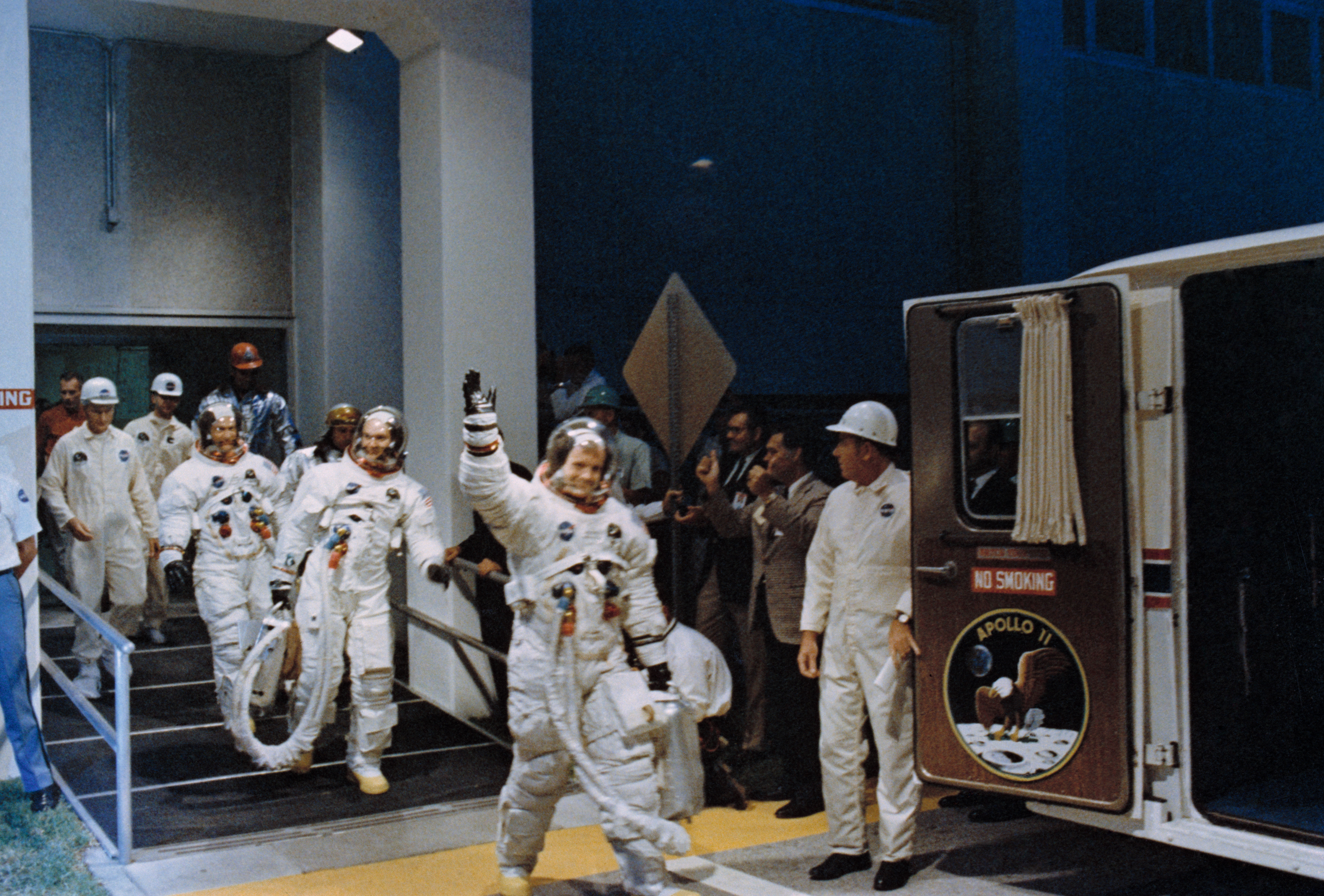 Apollo 11 crew. Wave good-bye to all your friends and supporters before you head for the launch pad