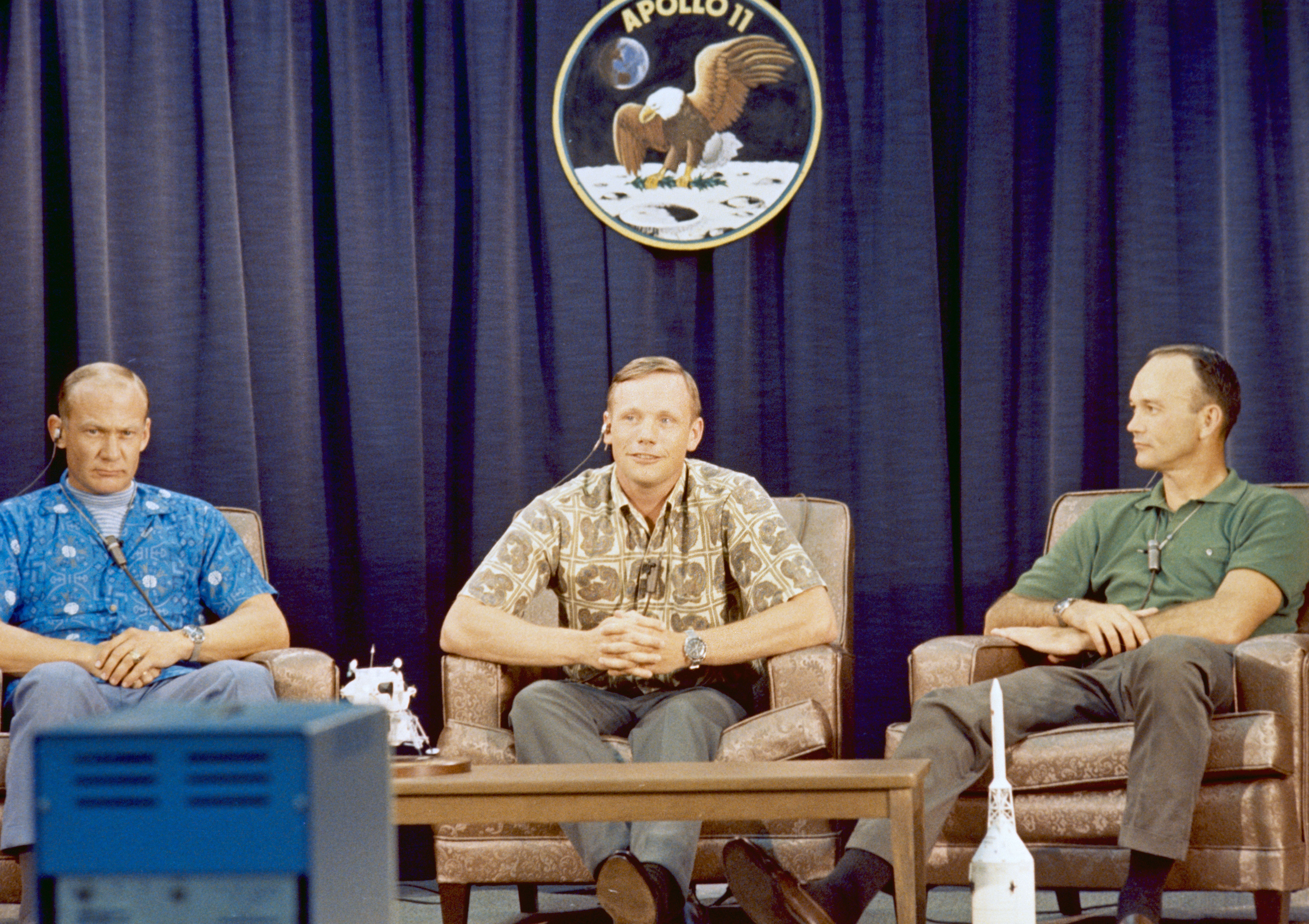 Buzz, Neil, and Mike look very relaxed as they talk to reporters in a virtual press conference on July 14