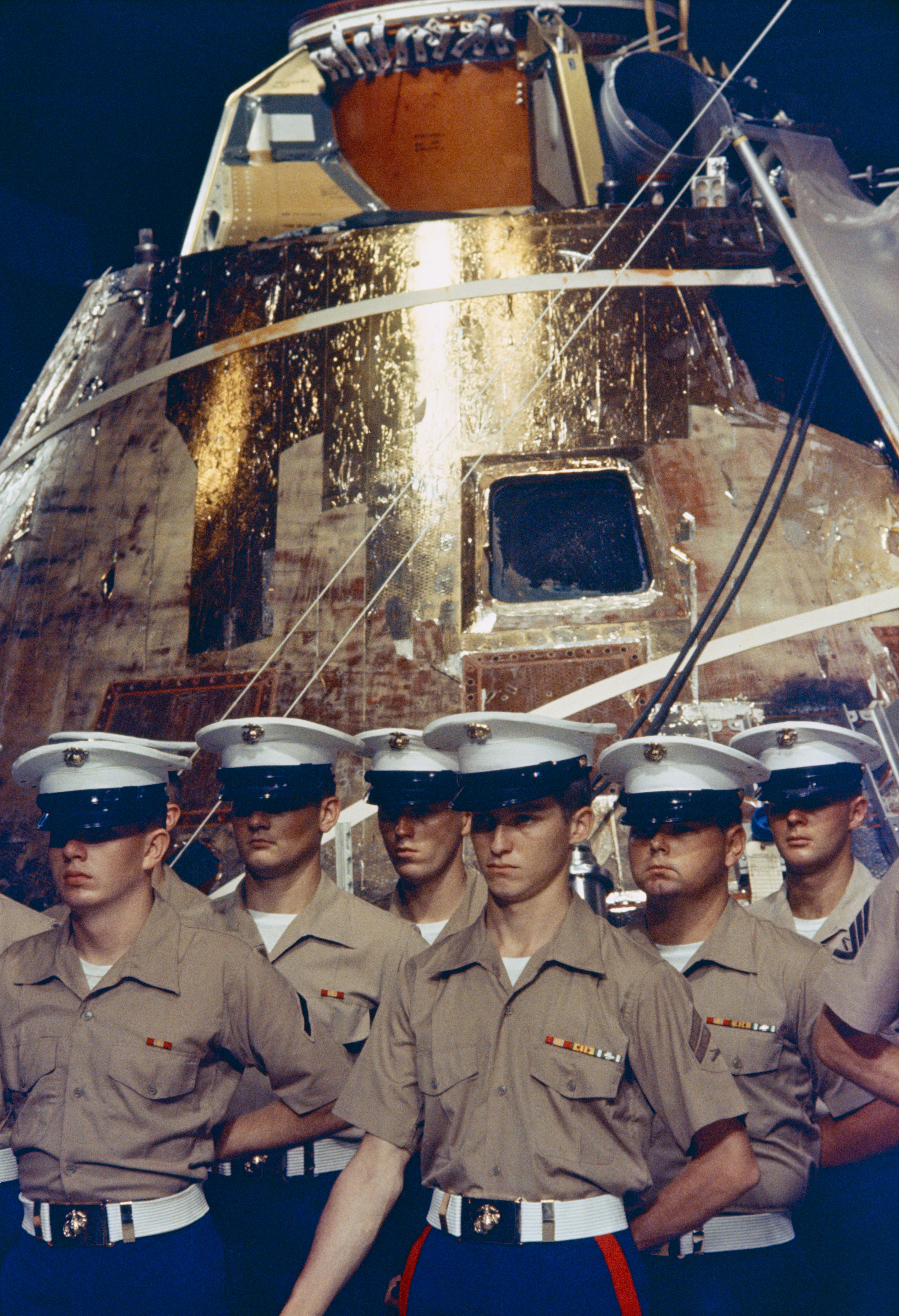 U.S. Marines guard Columbia aboard the Hornet