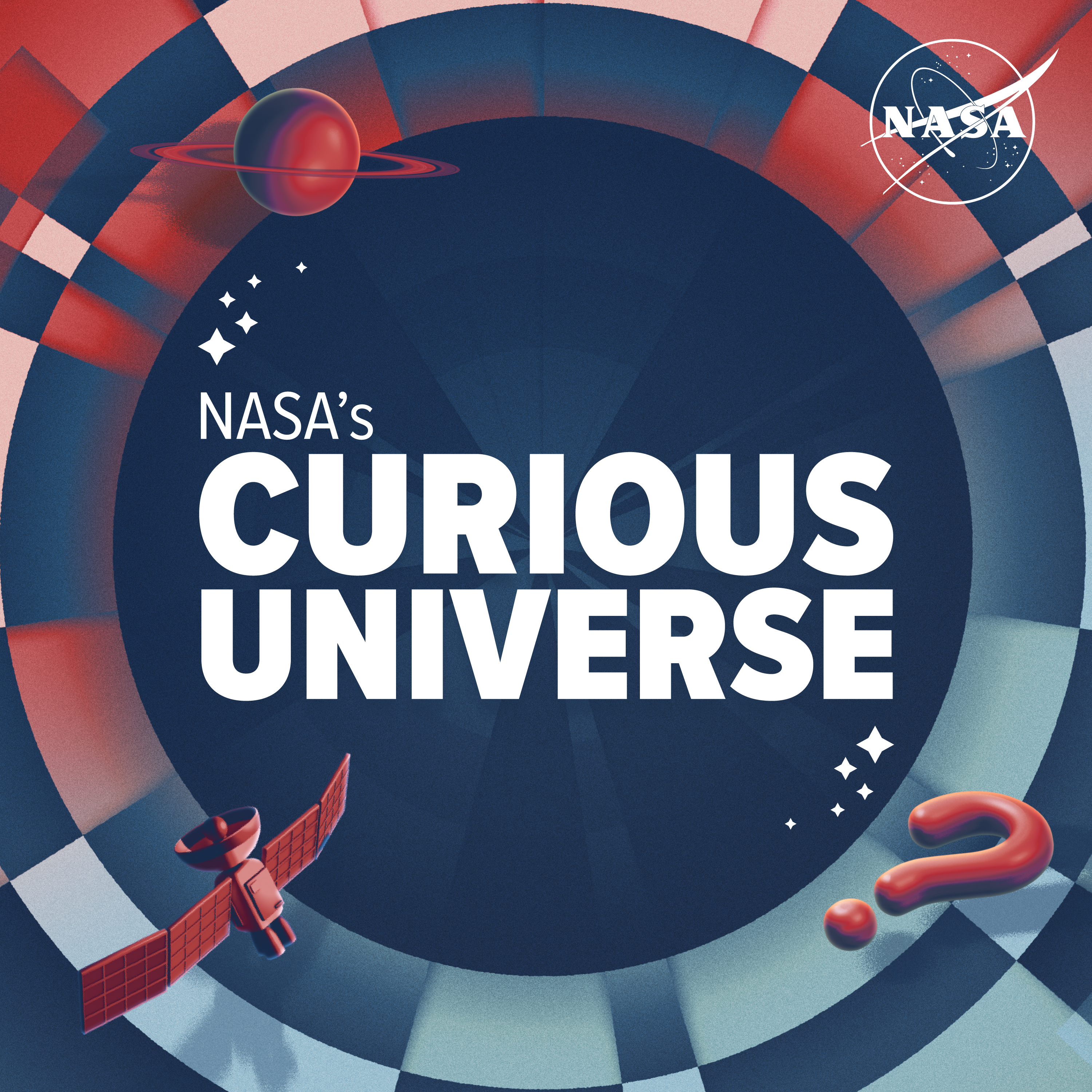 A blue and red checkered decorative motif surround the text "NASA's Curious Universe." The image also includes illustrative renderings of the planet Saturn, a satellite, and a question mark. The NASA insignia is in the upper right corner.