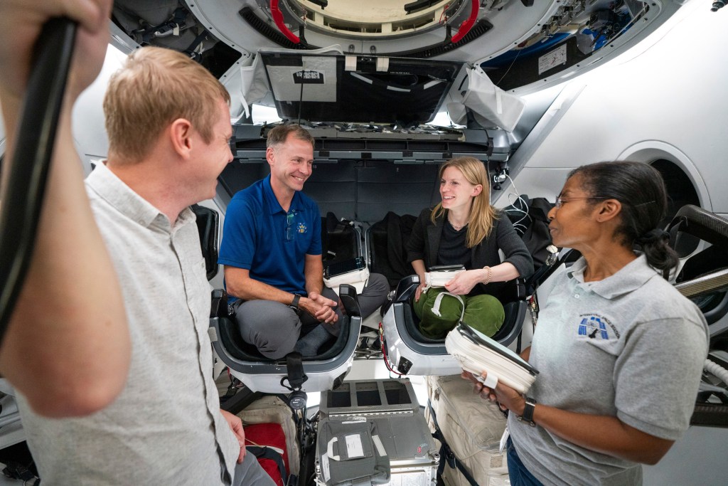 The crew of NASA's SpaceX Crew-9 mission to the International Space Station trains inside a mockup of a Dragon cockpit at SpaceX headquarters in Hawthorne, California.