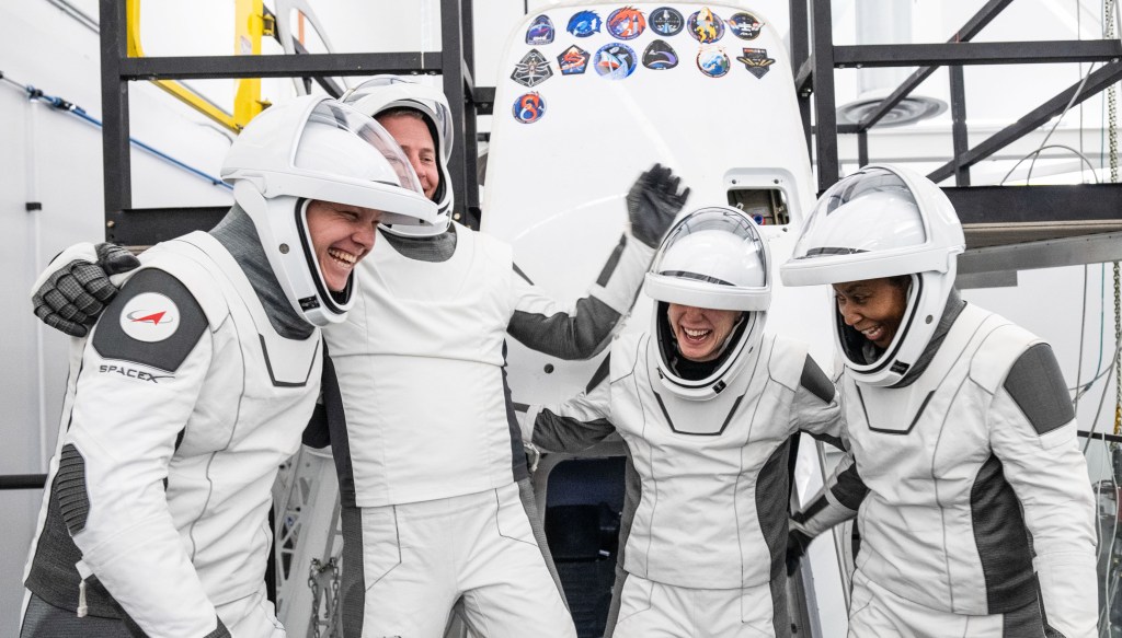 The crew of NASA's SpaceX Crew-9 mission are photographed in their SpaceX spacesuits inside SpaceX's headquarters at Hawthorne, California.