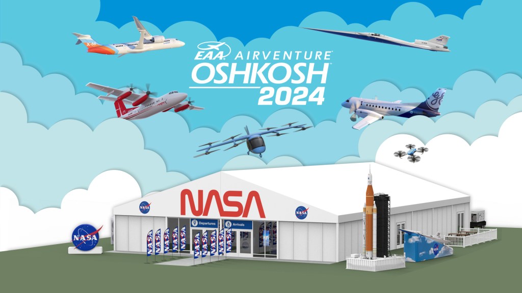 An illustration shows NASA's pavilion at Oshkosh, a large white tent with NASA logos on it, as six different aircraft appear to fly toward the center of the image over the tent.