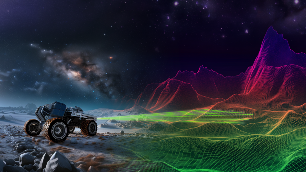 Rover on a planetary surface mapping the terrain in a rainbow of colors.