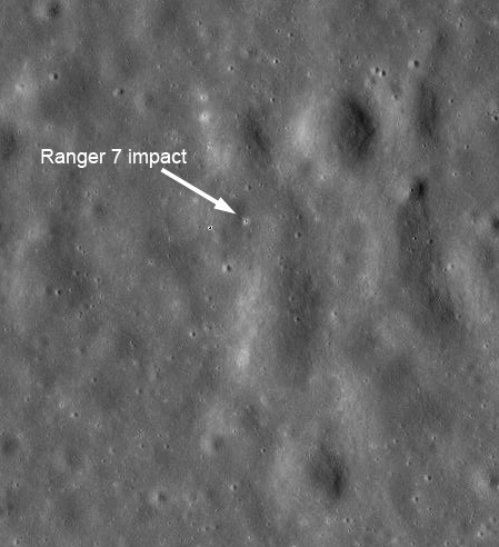 The Ranger 7 impact crater photographed during the Apollo 16 mission in 1972