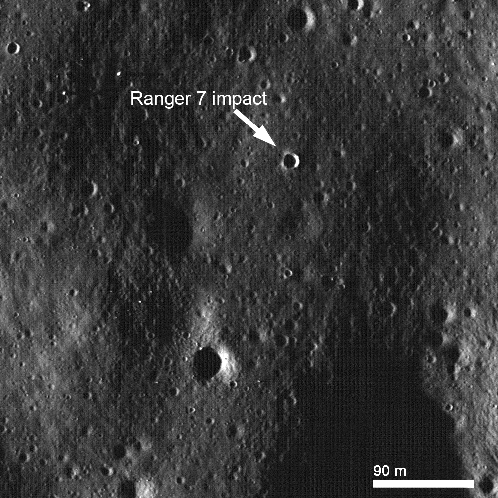 Lunar Reconnaissance Orbiter image of the Ranger 7 impact crater, taken in 2010 at a low sun angle
