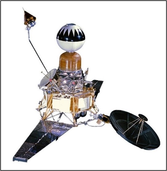 Block II Ranger spacecraft, showing the black-and-white spherical landing capsule