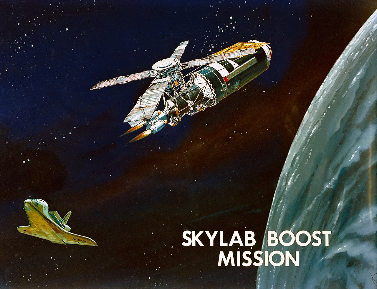 Illustration of a proposed Skylab boost mission by the space shuttle