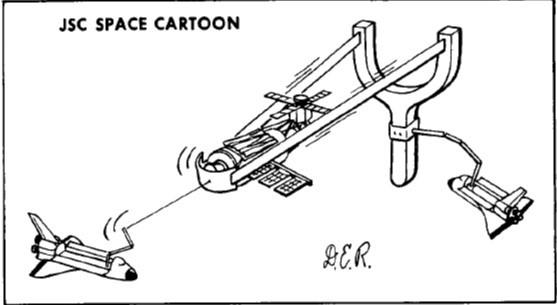A more whimsical depiction of the Skylab reboost by the space shuttle, as drawn by a cartoonist at NASA’s Johnson Space Center in Houston