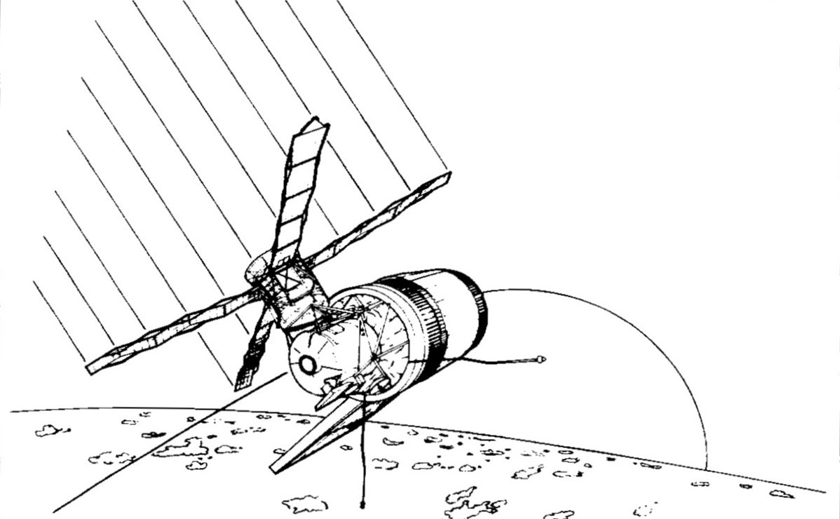 Illustration of Skylab in the End On Velocity Vector minimum drag attitude