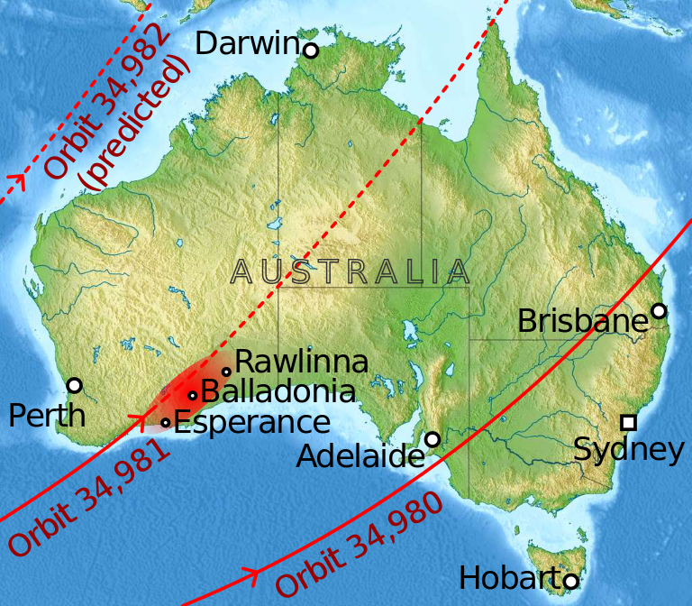 Skylab’s entry path over Western Australia, showing sites that recovered debris from the station
