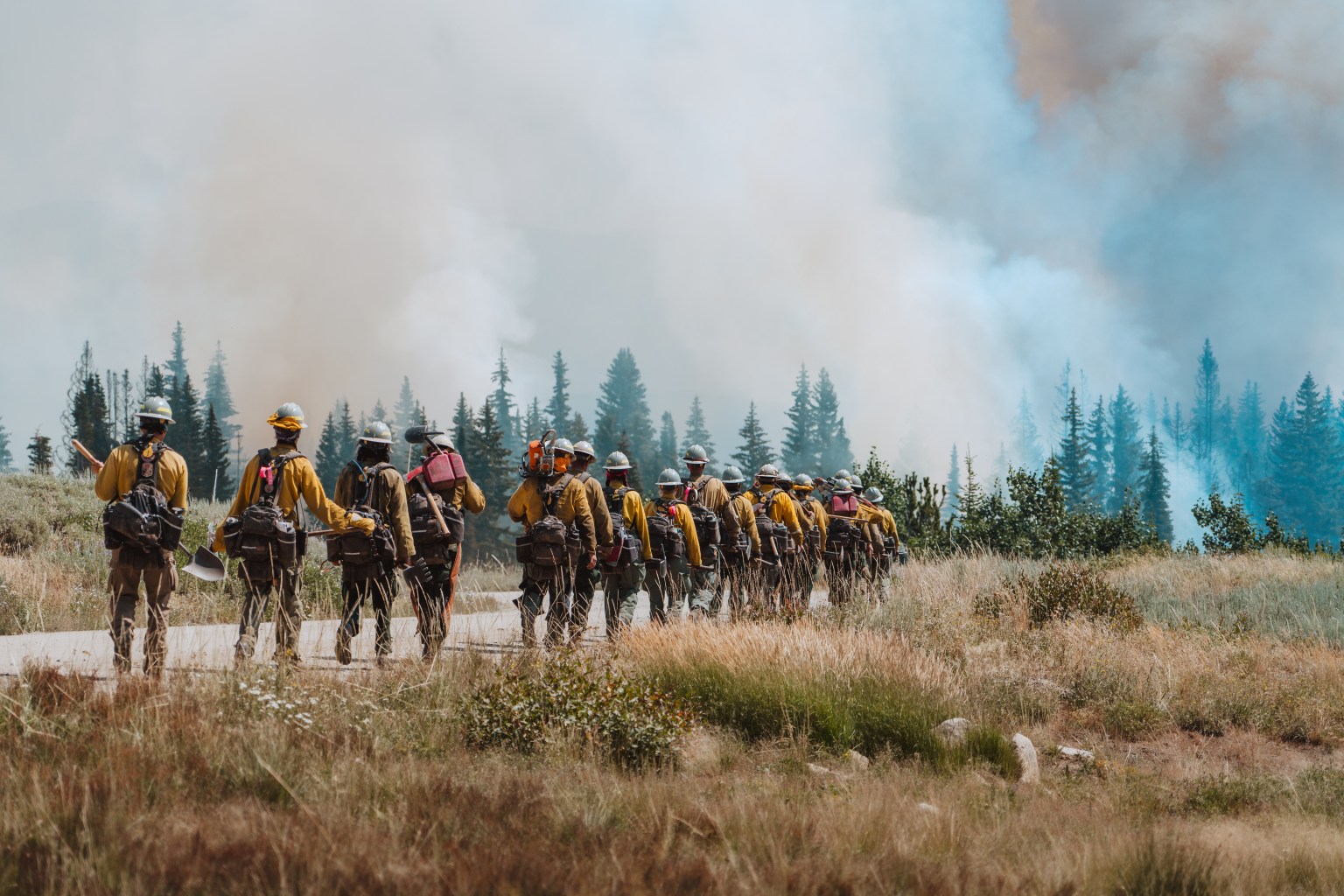 A group of roughly 20 firefighters walk in a line away from the camera, in yellow longsleeve shirts and white hard hats. There is brown shrubbery in the foreground, and the group is walking toward a copse of trees in the distance which is partially obscured by tan smoke, which also fills the sky.