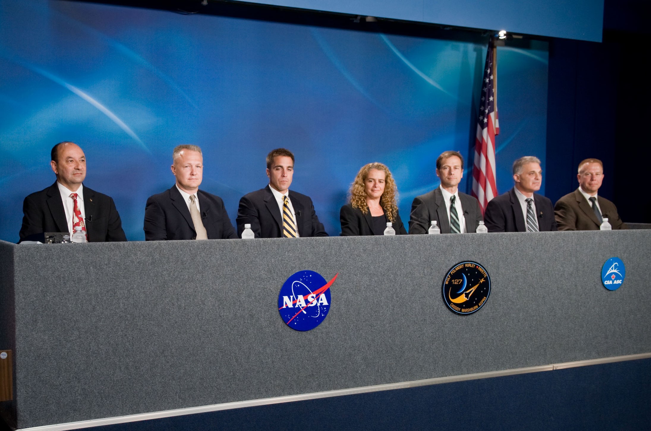 The STS-127 crew during their preflight press conference at NASA's Johnson Space Center in Houston