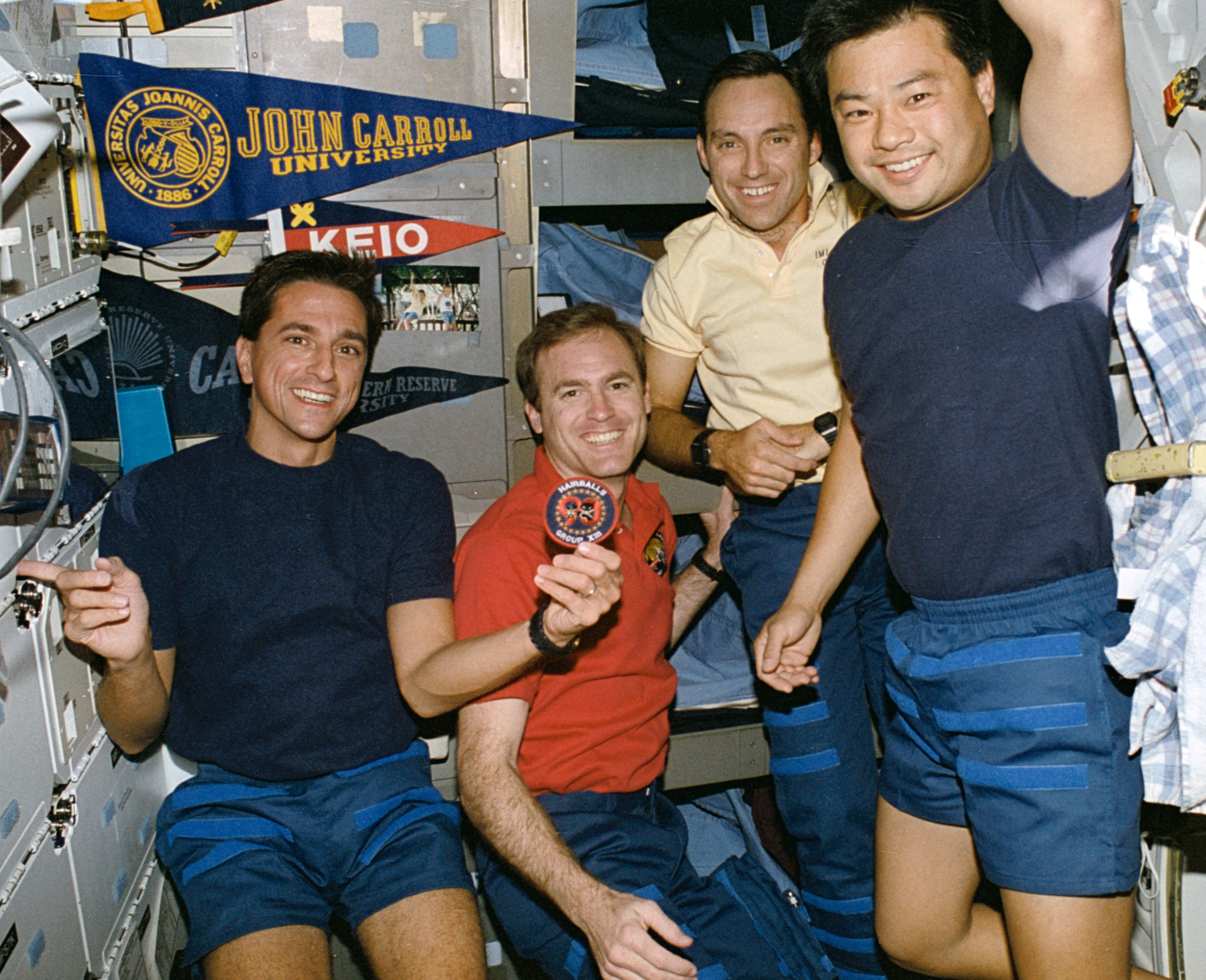 Donald A. Thomas, left, James D. Halsell, Carl E. Walz, and Chiao, all selected in 1990 as part of astronaut class 13, nicknamed The Hairballs