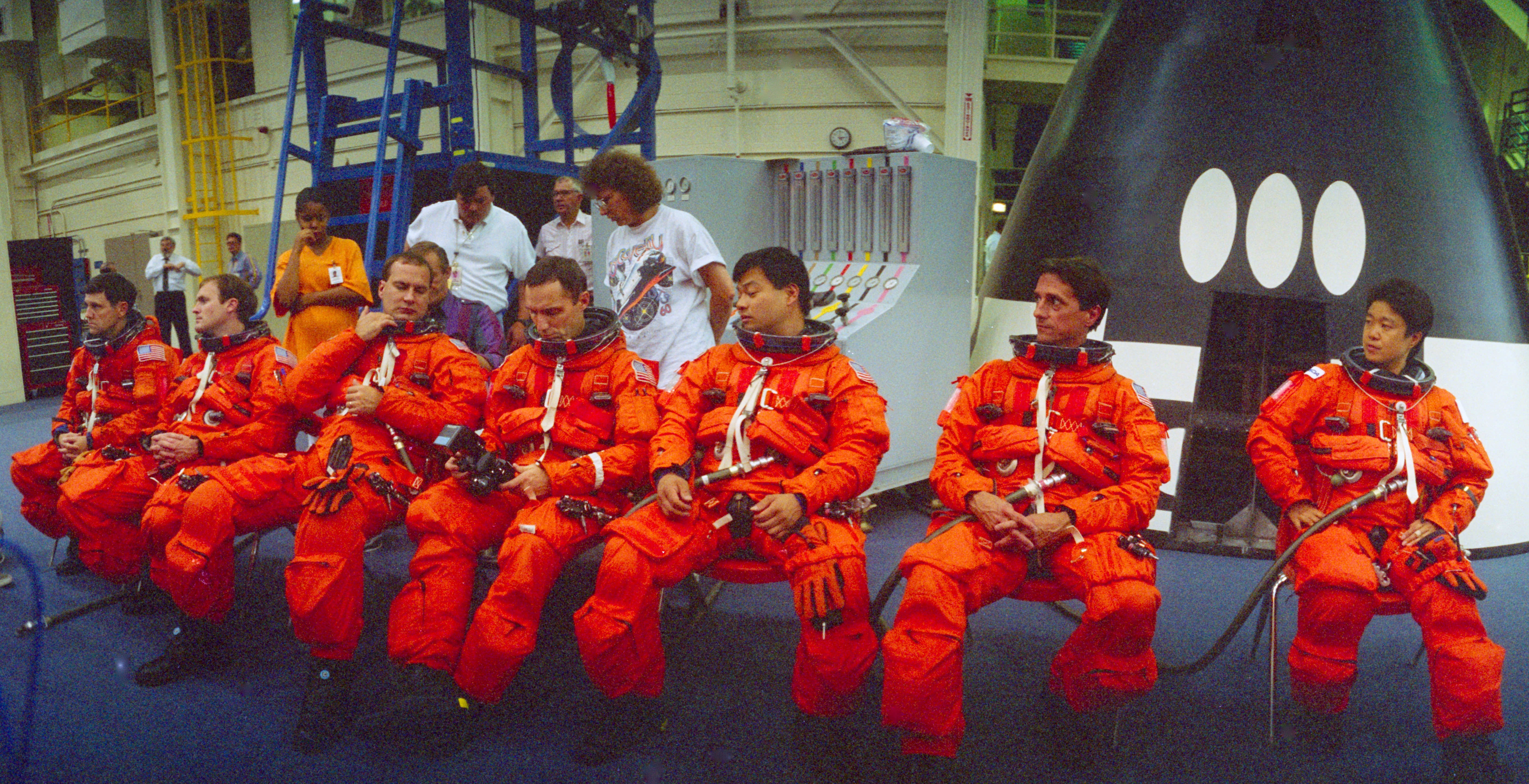 The STS-65 crew during preflight training at NASA's Johnson Space Center in Houston