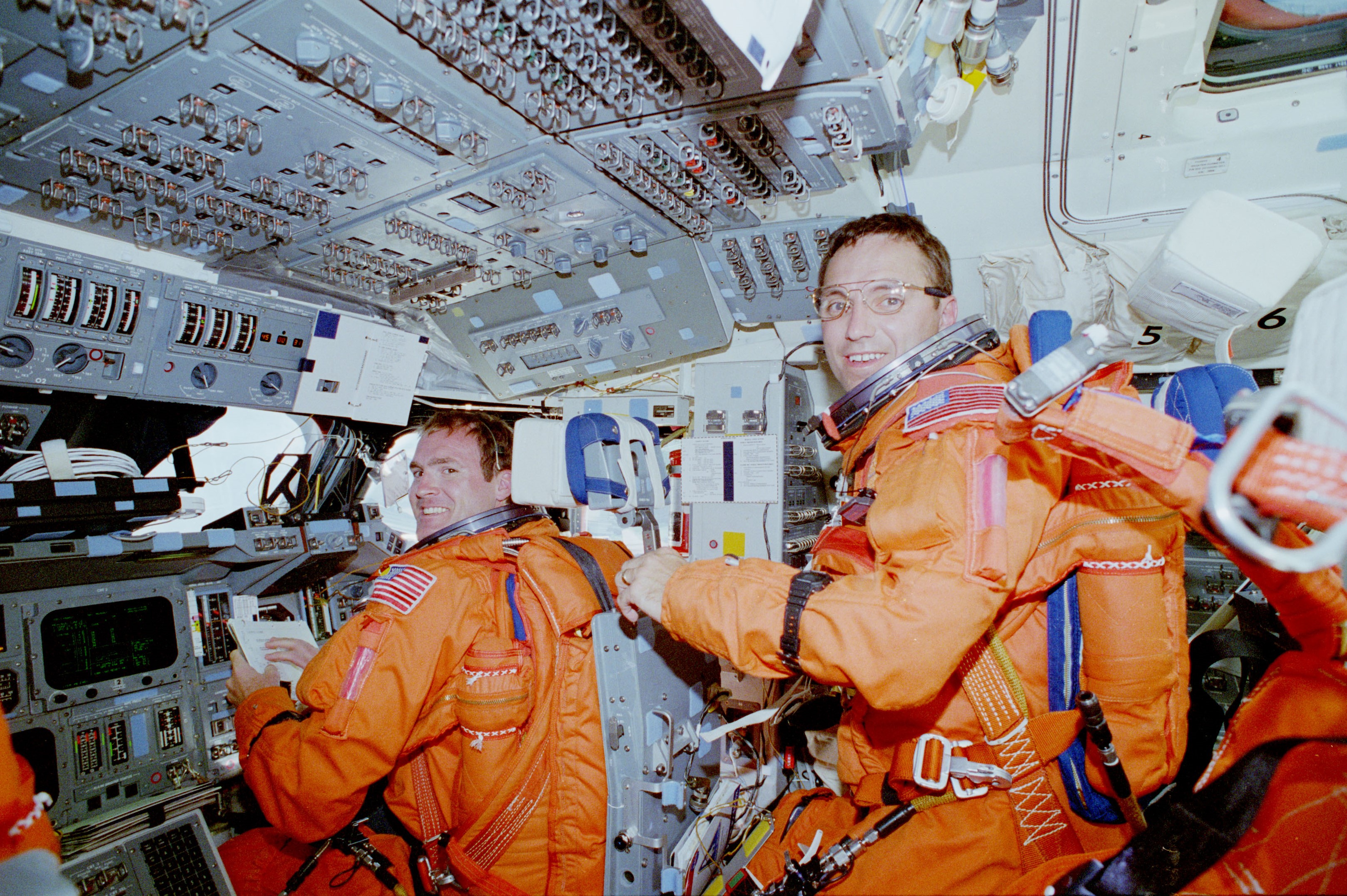 James D. Halsell, left, and Carl E. Walz moments after Columbia reached orbit