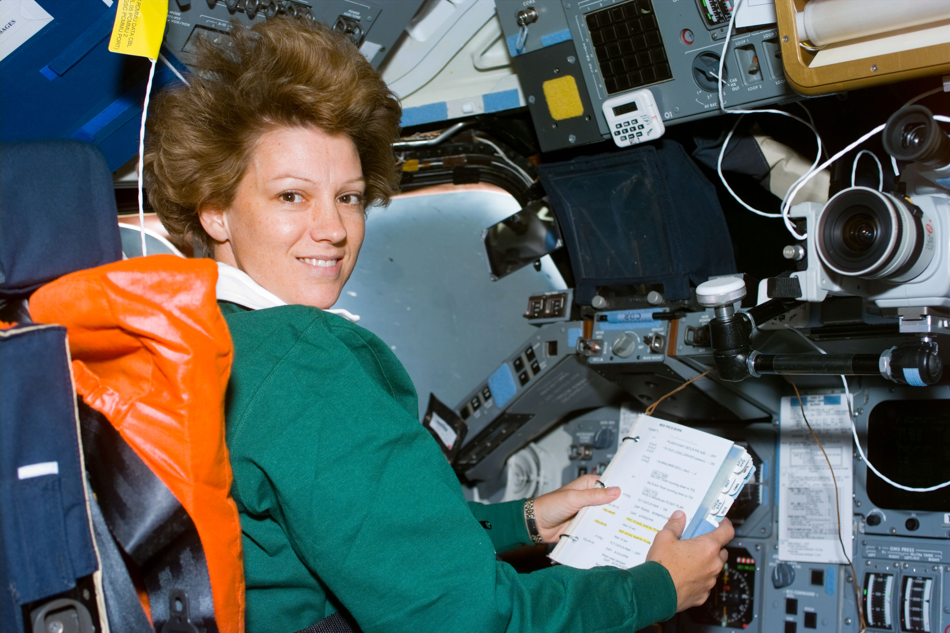 Eileen M. Collins, the first woman shuttle commander, shortly after reaching orbit