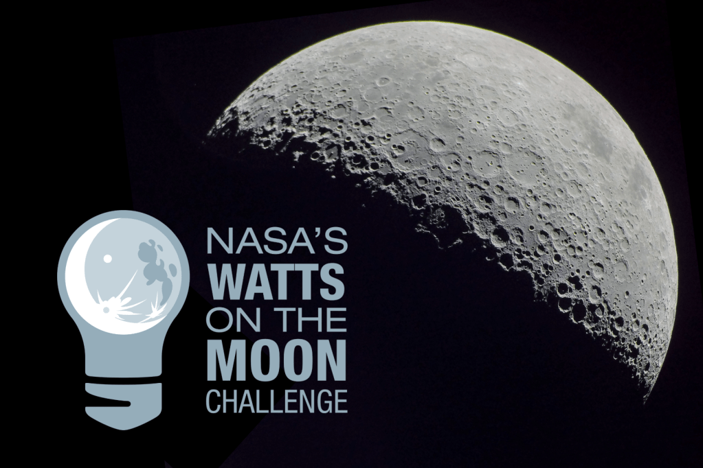 Moon in space with Watt's on the Moon Challenge logo
